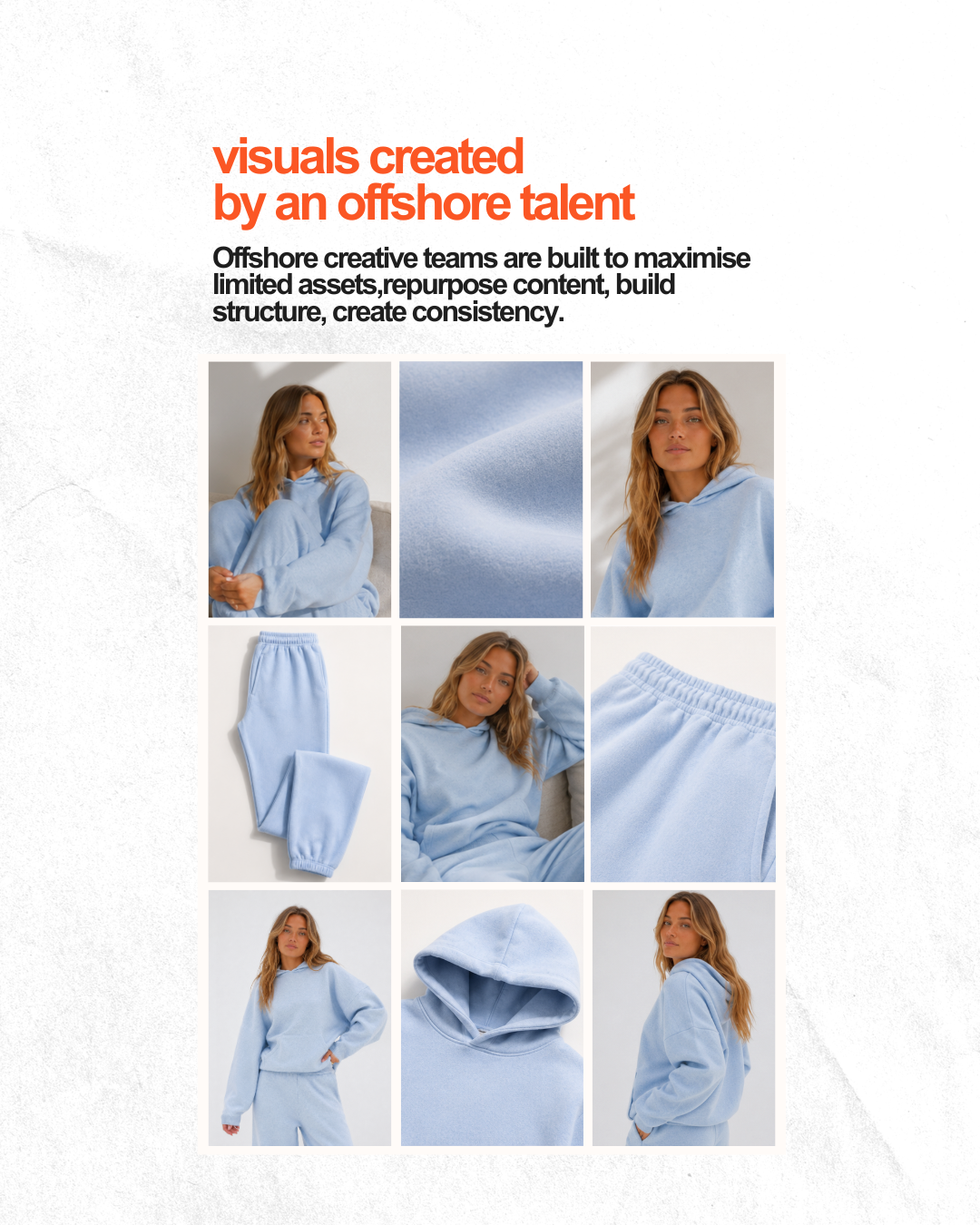 Nine on-brand visuals created from one image by offshore talent